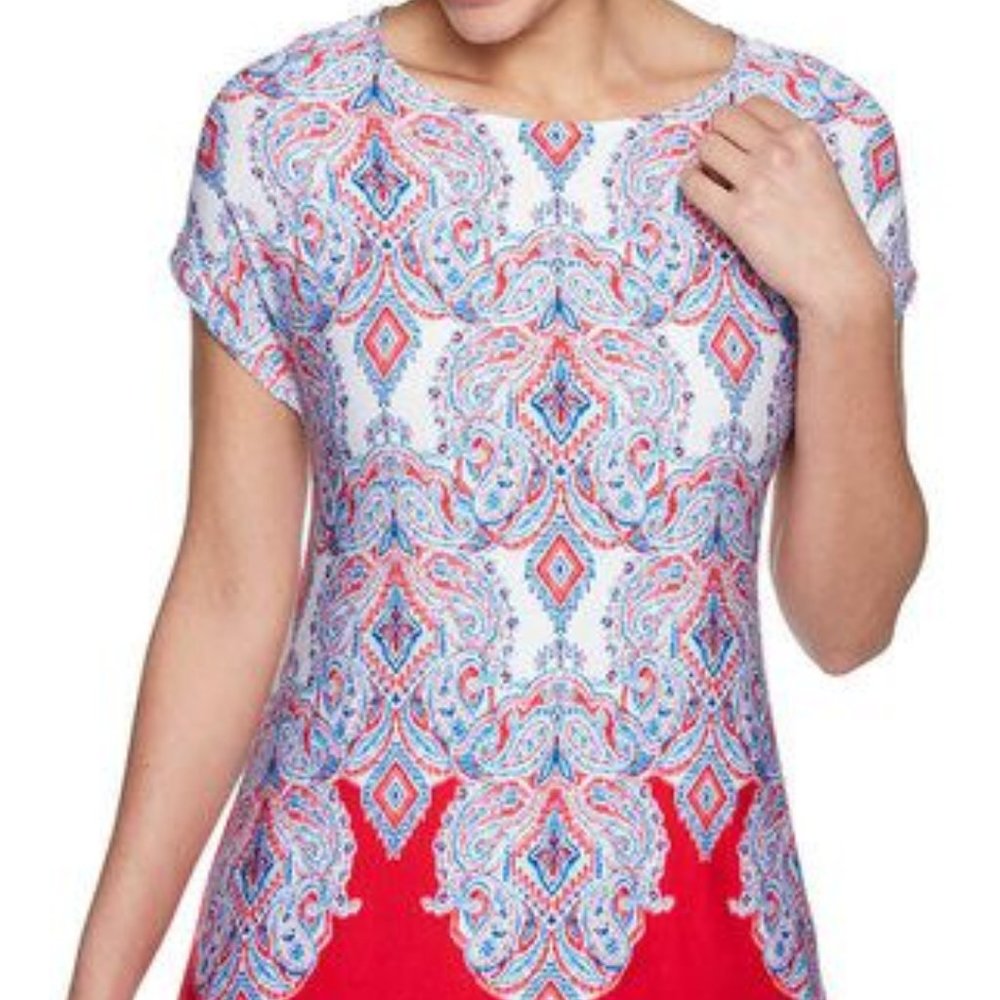 Ruby Rd. Red White & New Mix Print Shark Bite Top